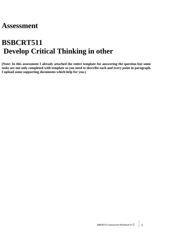 Develop Critical Thinking Assessment for BSBCRT511_1