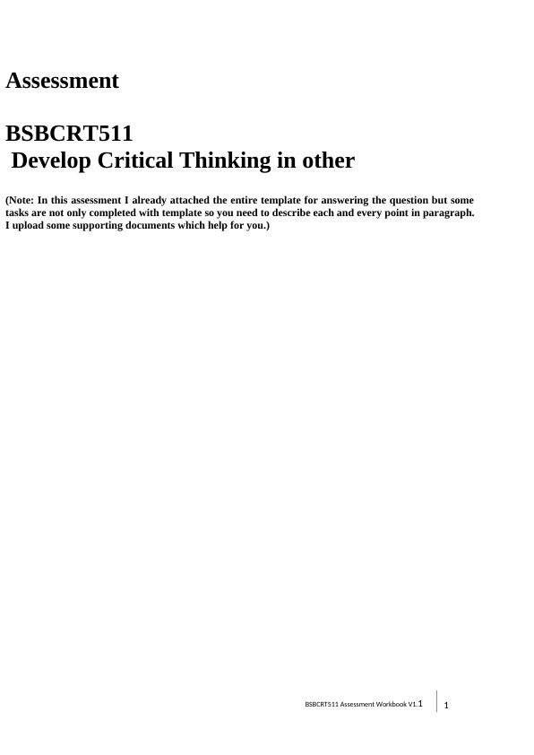 bsbcrt511 develop critical thinking in others assessment answers