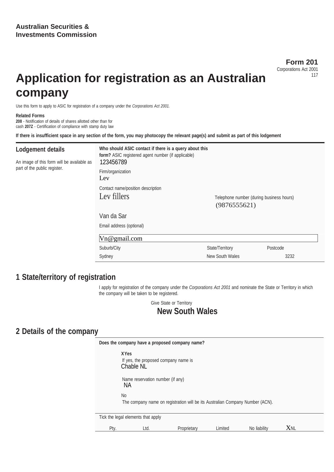 ASIC Form 201 - Application For Registration As An Australian Company