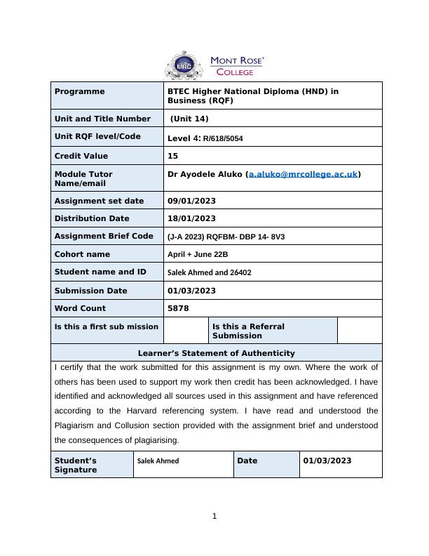 Unit 14 : BTEC Higher National Diploma (HND) in Business (RQF)_1