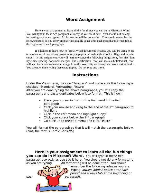 Microsoft Word Formatting Assignment for Word Processing 101