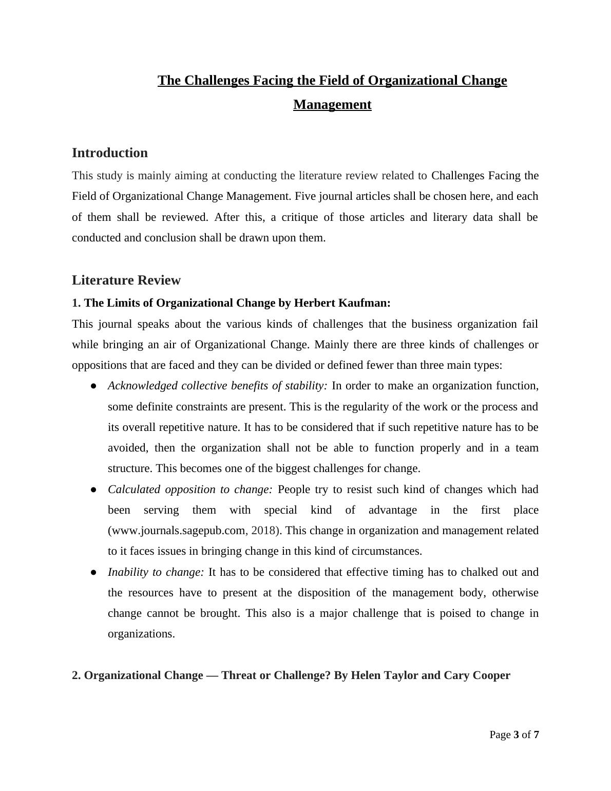 Challenges Facing Organizational Change Management: Literature Review