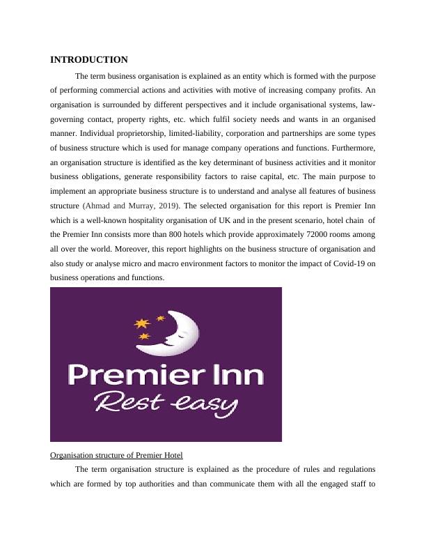 Business Organisation & Environment Analysis of Premier Inn Hotel