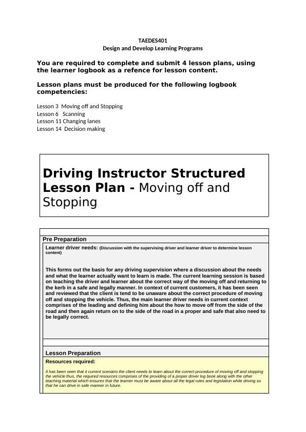 Driving Test Lesson Plans for Learner Drivers Desklib