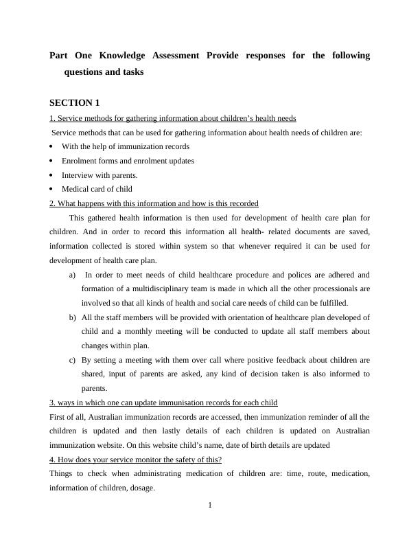Early Childhood Education and Care CHC50113 Knowledge Assessment