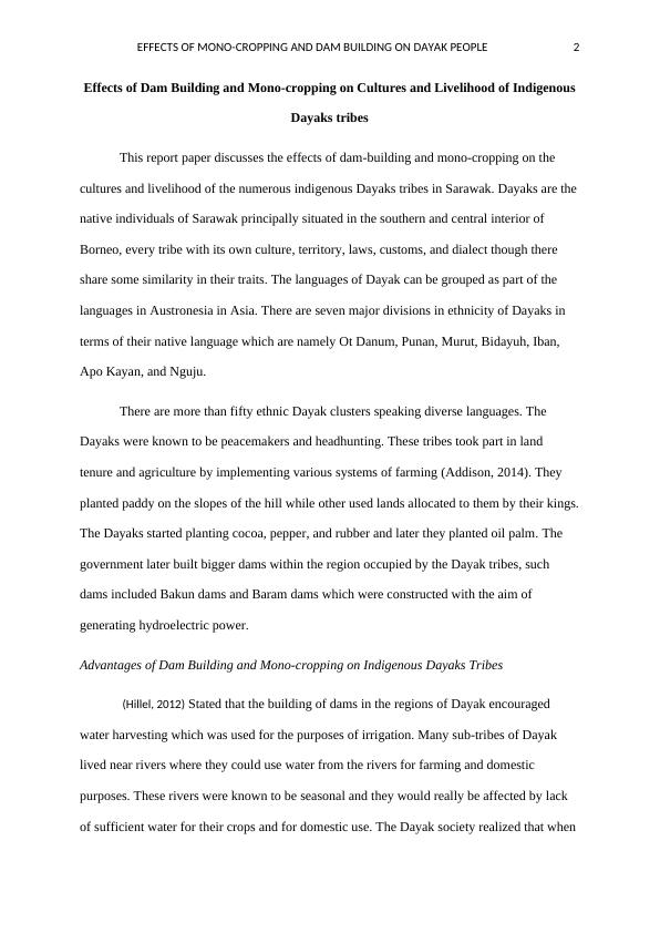 Effects Of Dam Building And Mono cropping On Cultures And Livelihood Of 