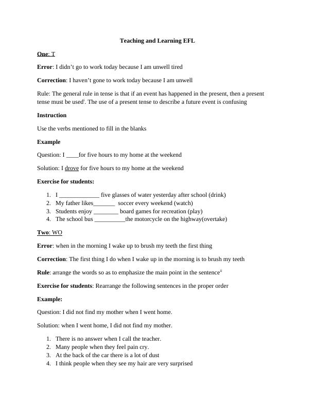 Teaching and Learning EFL: Common Errors and Correction Exercises