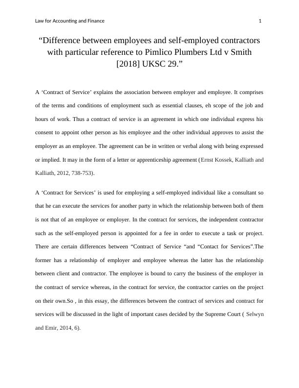 Difference between employees and self-employed contractors with reference to Pimlico Plumbers Ltd v Smith [2018] UKSC 29_2