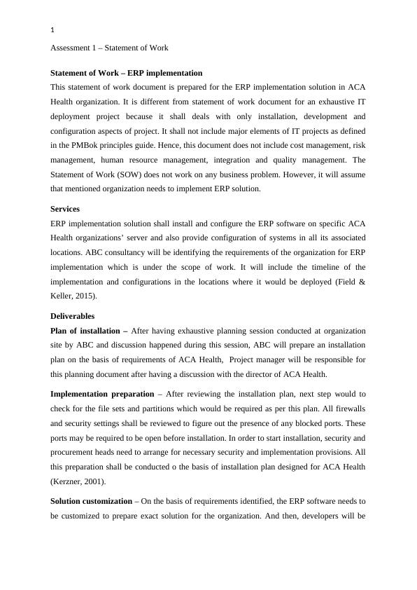 Statement of Work for ERP Implementation in ACA Health Organization_1