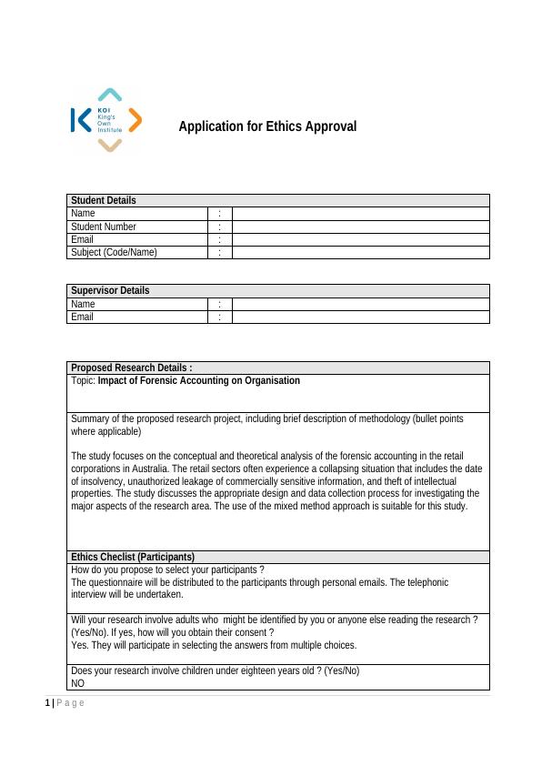 Application for Ethics Approval - Impact of Forensic Accounting on Organisation_1