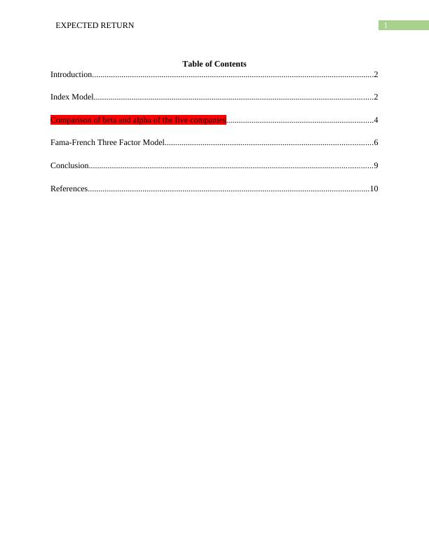 Expected Return Index Model, Beta and Alpha Comparison, FamaFrench