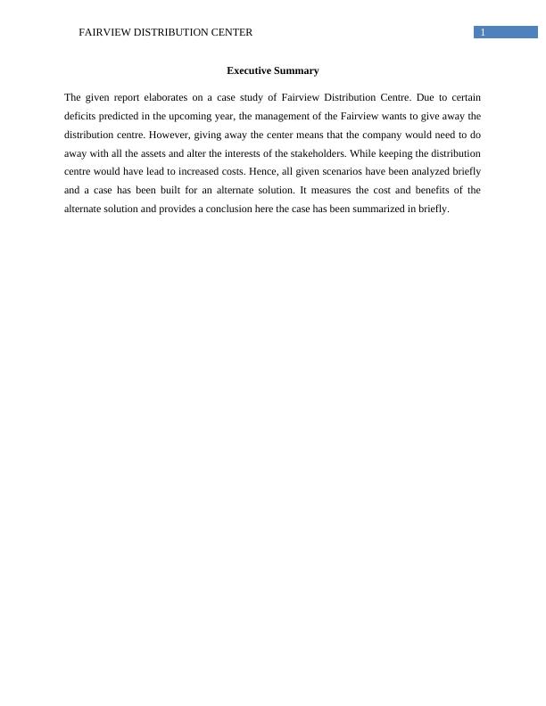 Fairview Distribution Center Case Study An Alternative Solution