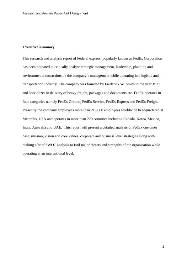 FedEx Corporation Research and Analysis Paper-Part I Assignment_3