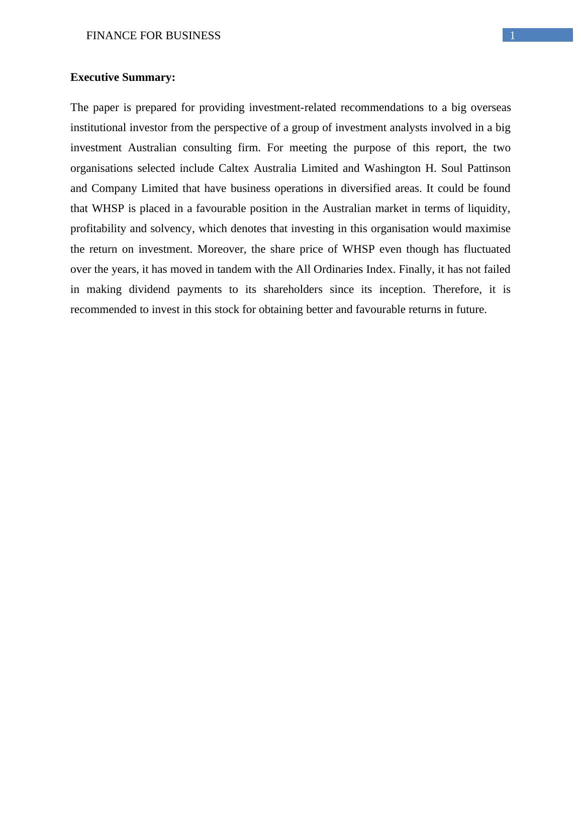 HI5002 Finance Report Investment Analysis of Caltex & WHSP