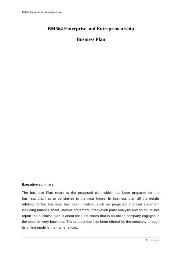 Business Plan for First Shoes Online Trainer Shoe Delivery Company