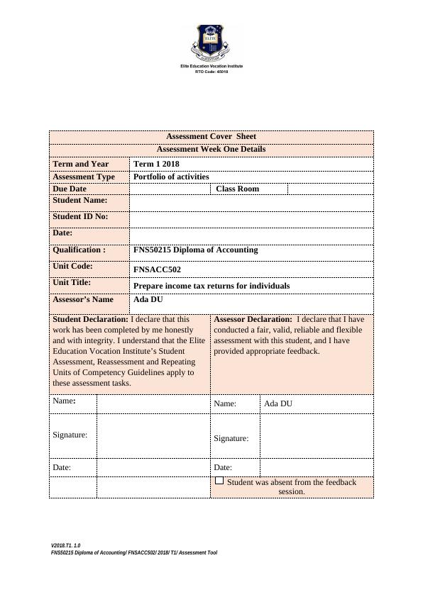FNSACC502 Income Tax Returns for Individuals Assessment Cover Sheet_1
