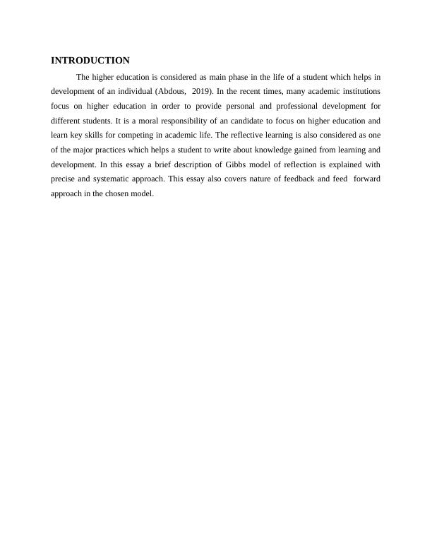 Gibbs Model of Reflection: Feedback and Feed Forward Approach
