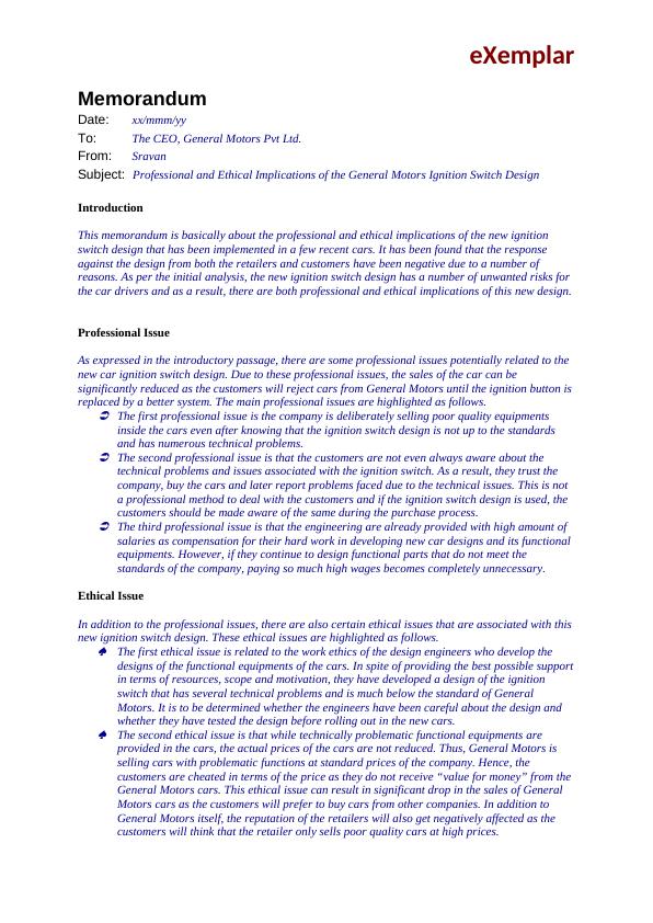 Professional and Ethical Implications of General Motors Ignition Switch