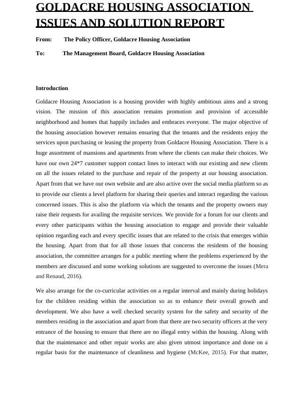 Goldacre Housing Association Issues and Solution Report_1