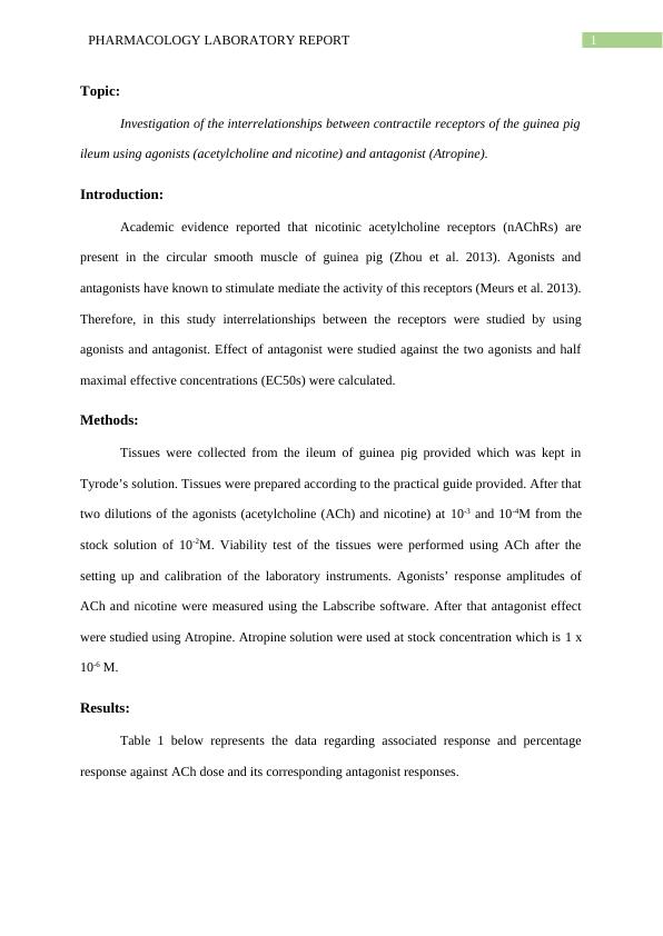 Pharmacology Laboratory Report on Guinea Pig Ileum Receptors