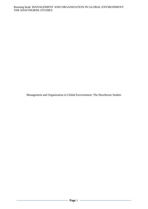 Management and Organization in Global Environment: The Hawthorne Studies_1