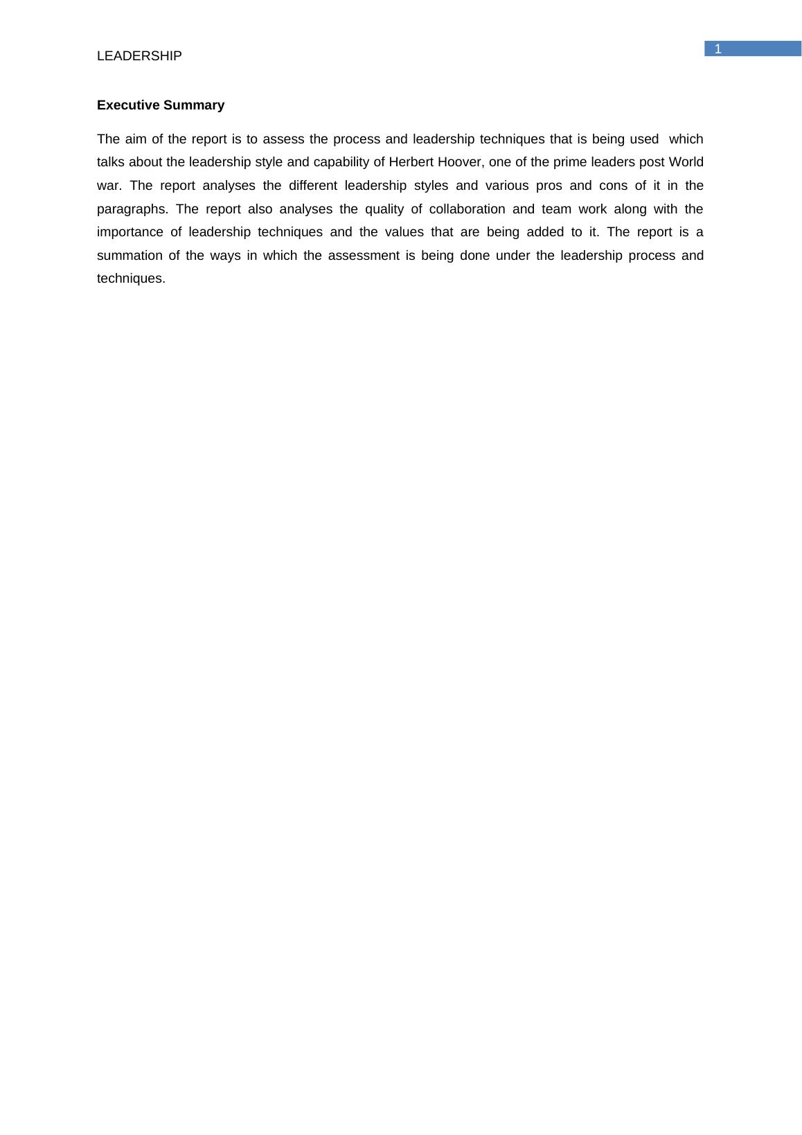 Assessment of Leadership Techniques and Styles of Herbert Hoover Desklib