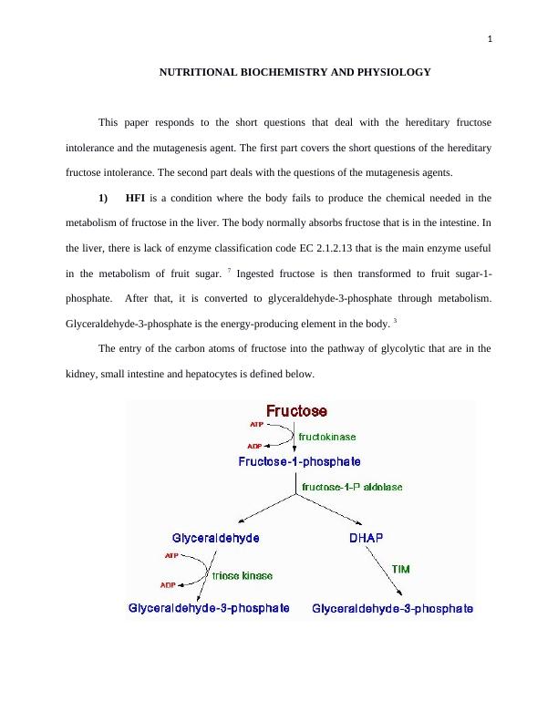 Hereditary Fructose Intolerance And Mutagenesis Agents - Nutritional ...