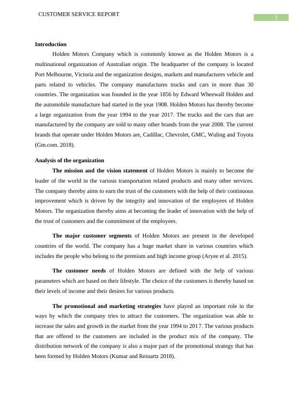 Analysis of Customer Service at Holden Motors