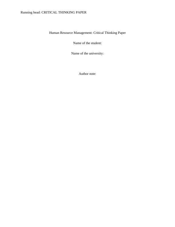 Human Resource Management: Critical Thinking Paper_1