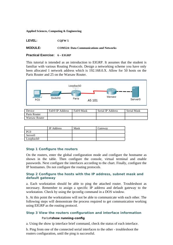 Data Communications and Networks: Practical Exercise 6 – EIGRP_1