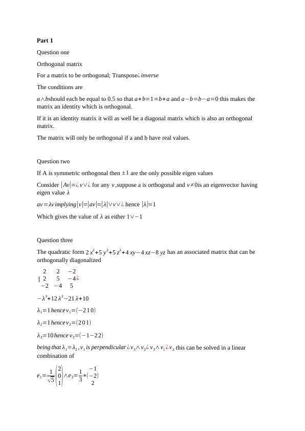 Orthogonal matrices Part 1 Question one Orthogonal matrices_1