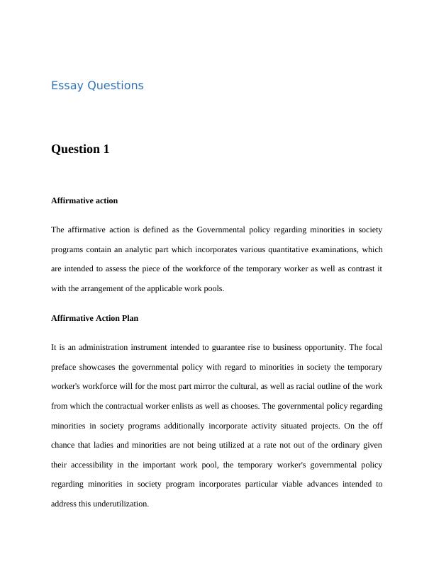 Essay Questions on Affirmative Action, Recruitment Improvement, and Discrimination in Promotion_1