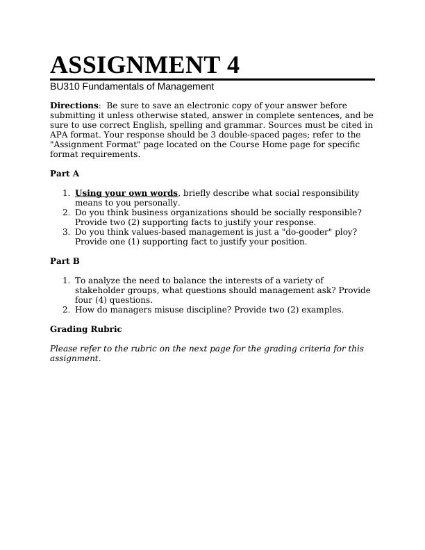 ASSIGNMENT 4. BU310 Fundamentals of Management. Directi_1