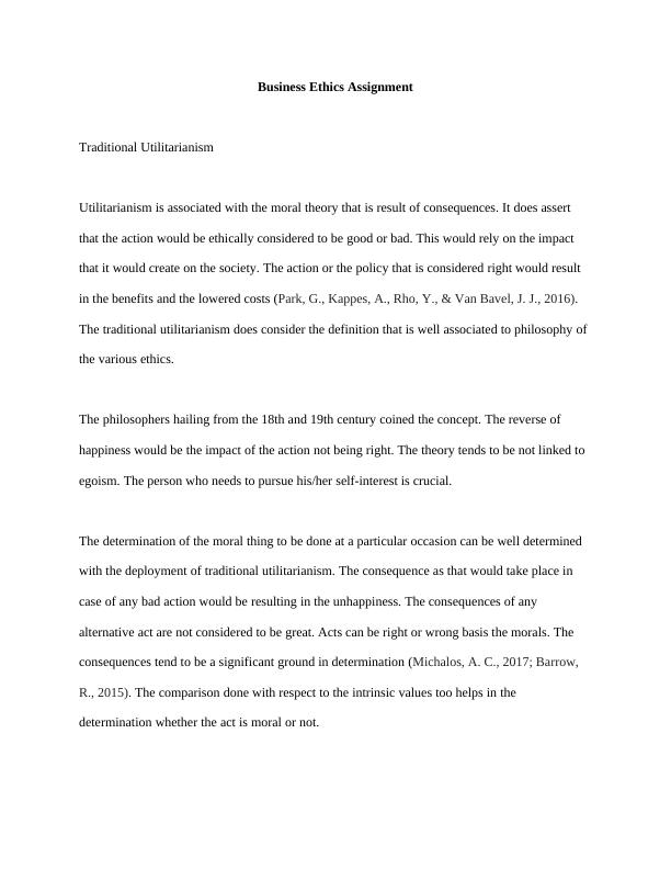 Business Ethics Assignment Traditional Utilitarianism_1