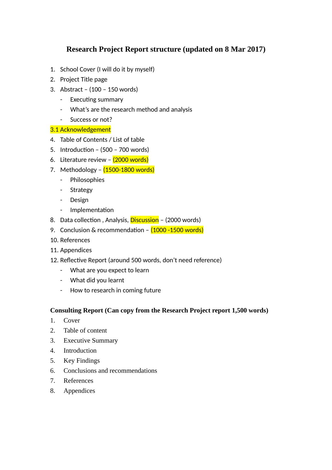 Research Project Report structure (updated on 8 Mar 2017).