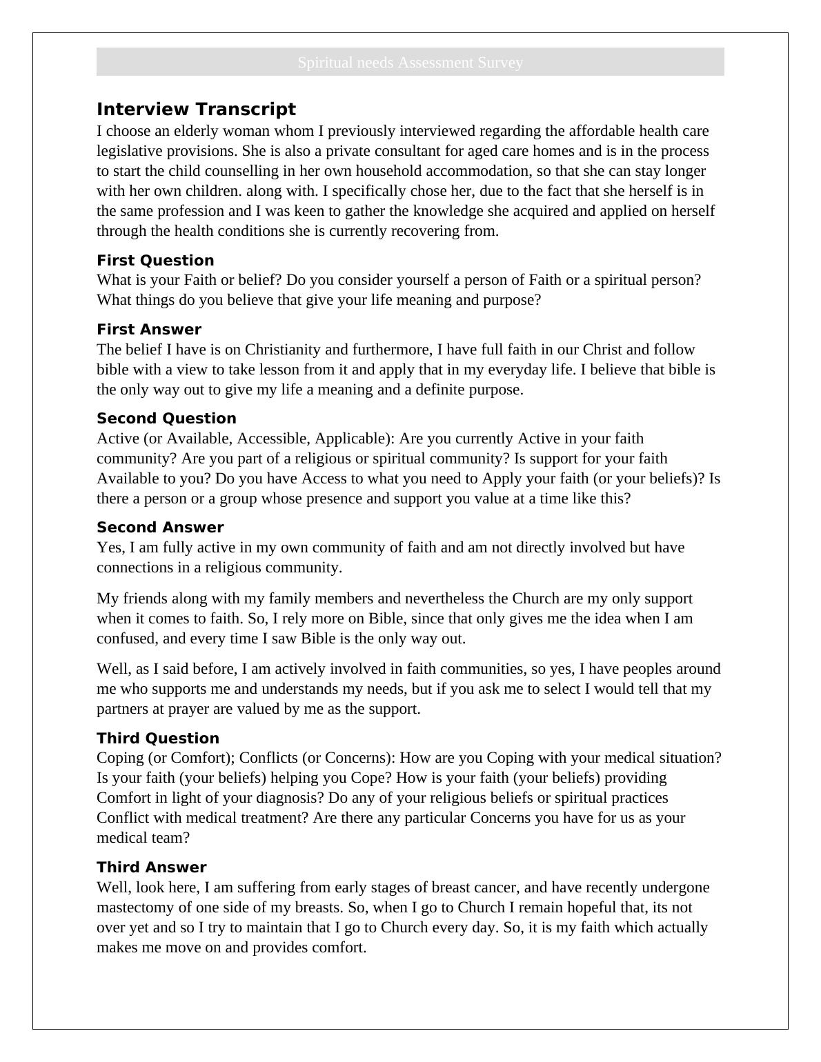 Spiritual Needs Assessment Survey Report