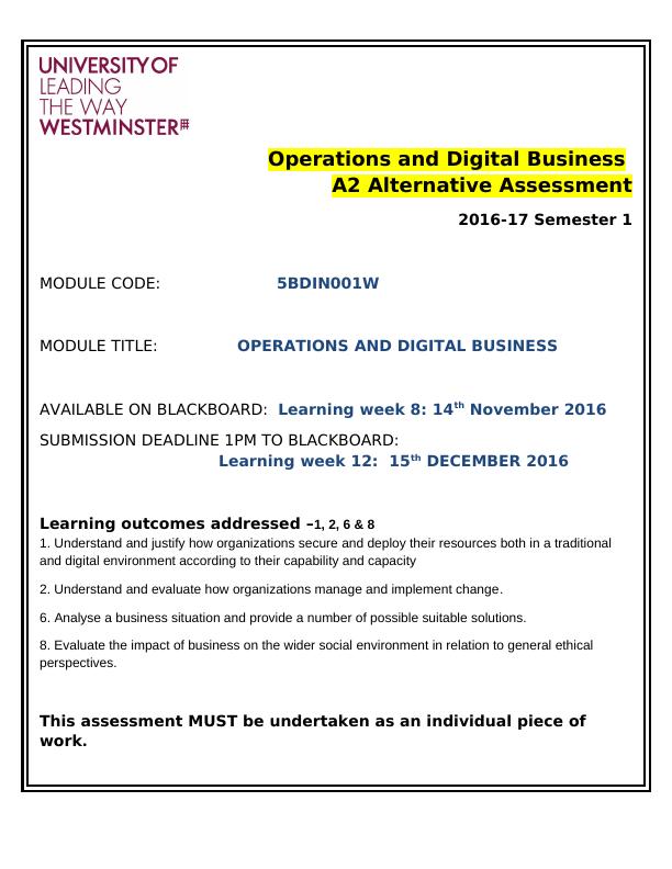 Operations and Digital Business: Assignment_1