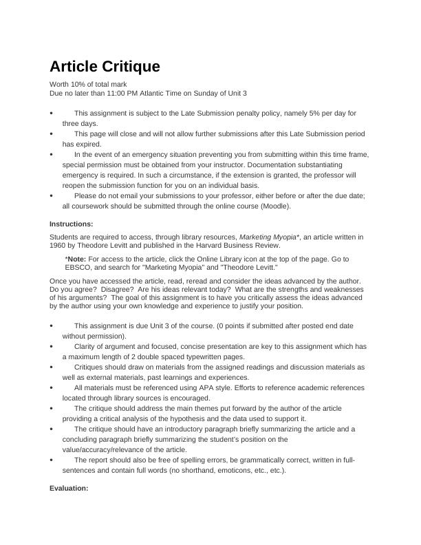 Article Critique Assignment for Marketing Course - Desklib_1
