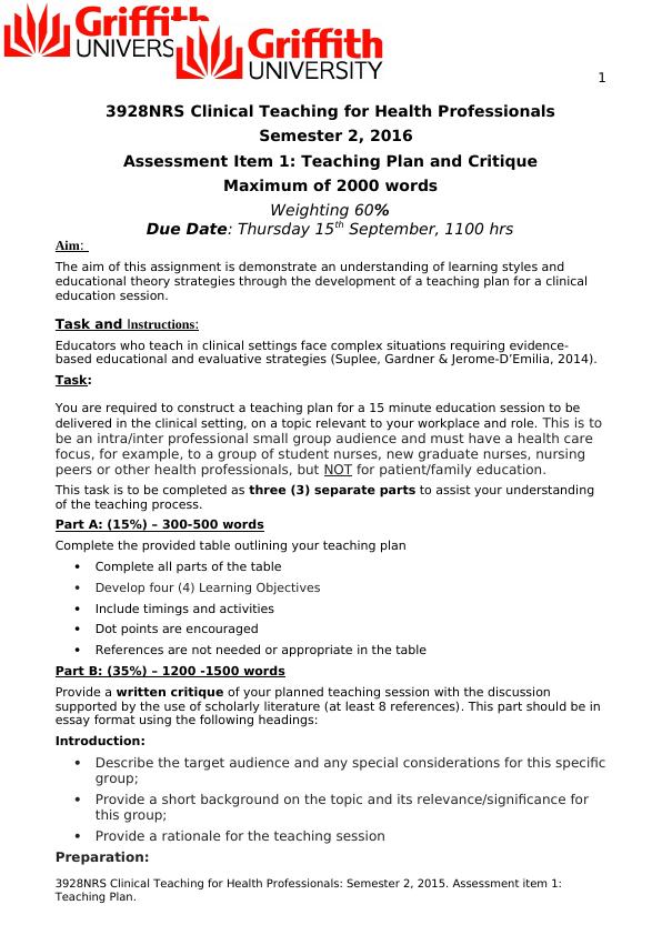 Teaching Plan and Critique for Clinical Education Session_1