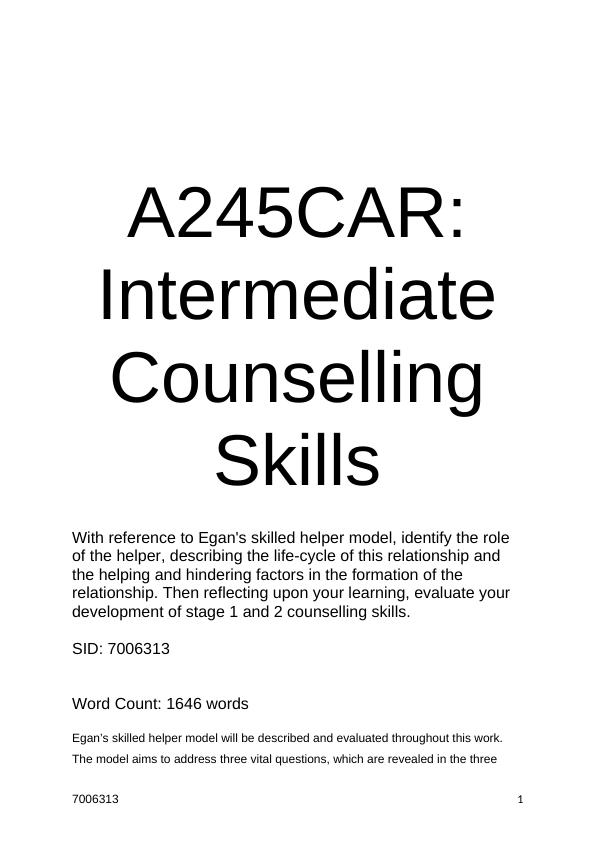 A245CAR: Intermediate Counselling Skills | Assignment_1