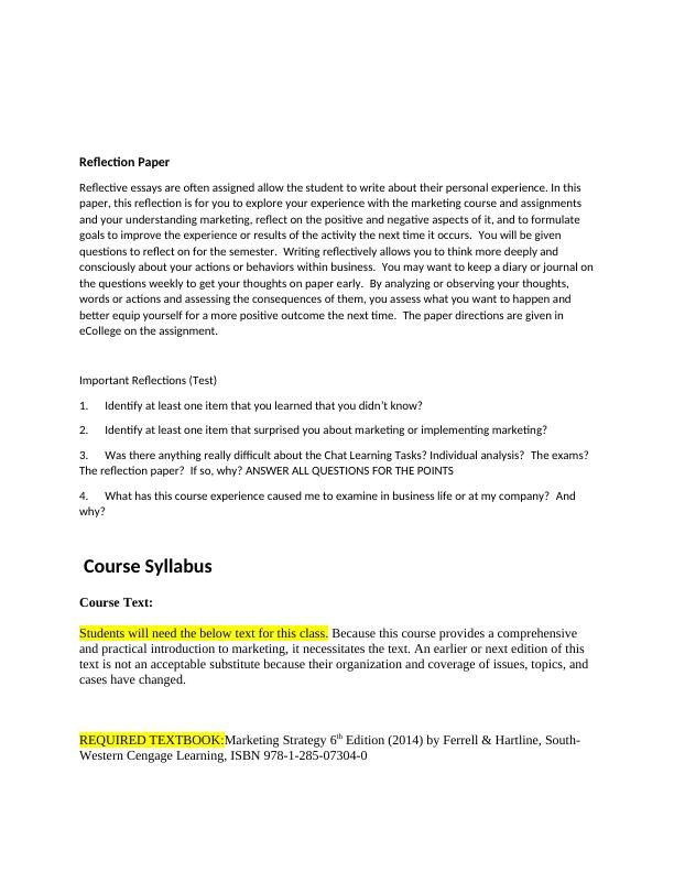 marketing reflection assignment