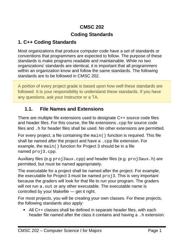 CMSC 202 Coding Standards | Assignment_1
