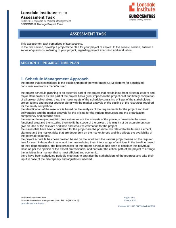BSB51415 | Schedule Management Approach Assignment_2
