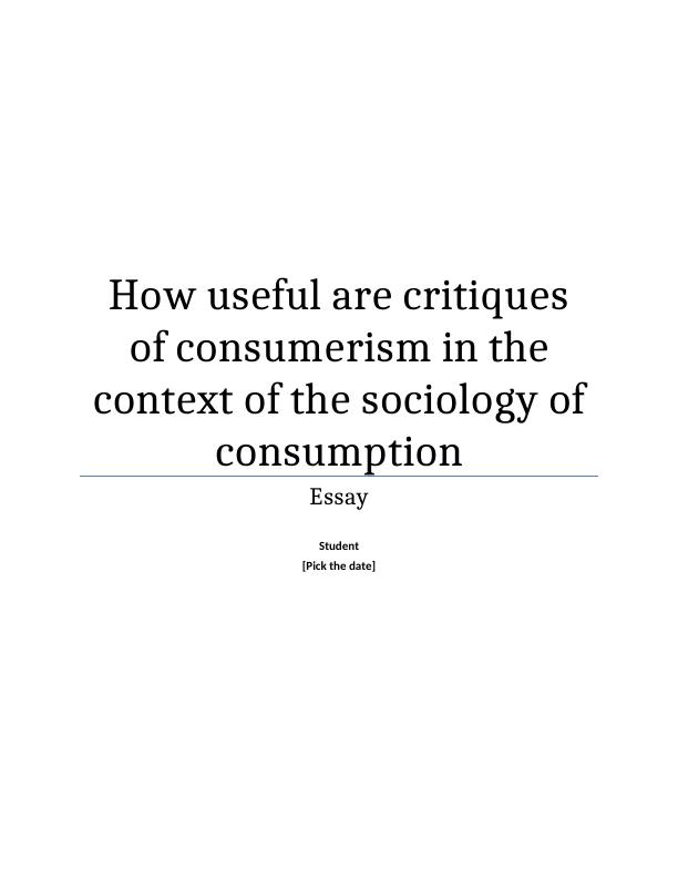 Sociology of Consumption | Essay_1