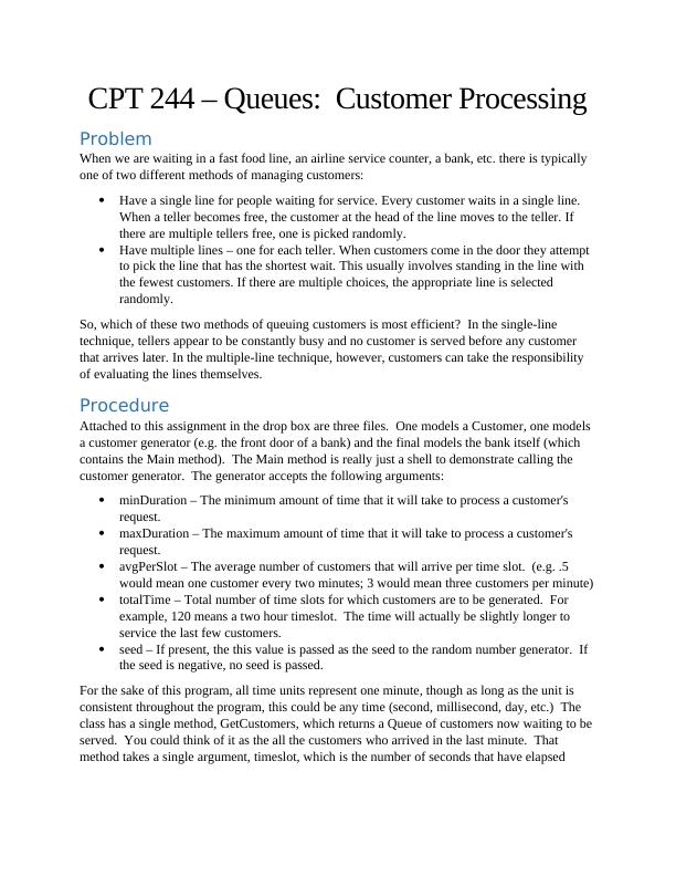 (CPT 244) - Efficient Queue Management: Customer Processing Assignment_1