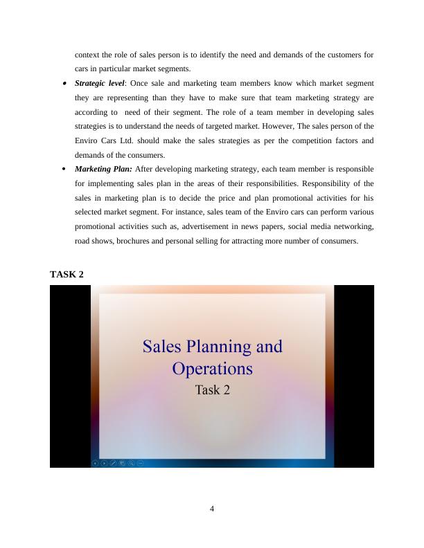 Sales Planning And Operations TABLE OF CONTENTS INTRODUCTION 1 TASK 11 1.1 Personal selling at Enviro-Cars Ltd_6