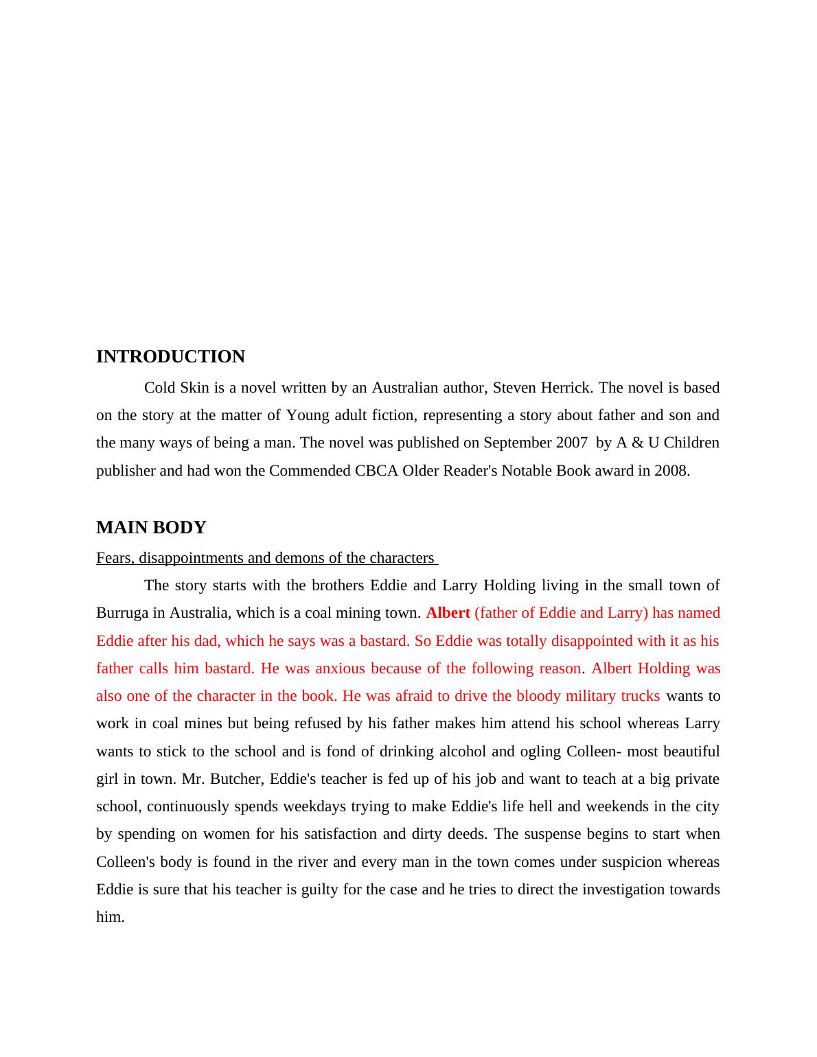 (Solved) Cold Skin Novel Essay