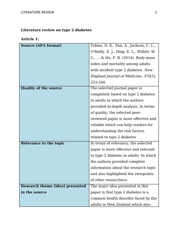 literature review on type 2 diabetes