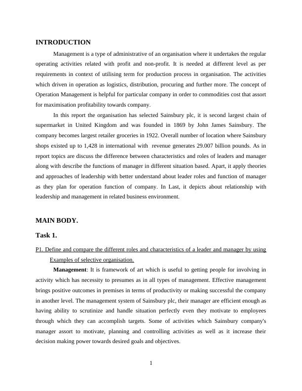 Roles and Characteristics of a Leader and Manager in Sainsbury plc