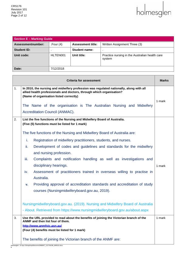 Practice Nursing in Australian Health Care System: Written Assignment 3_2